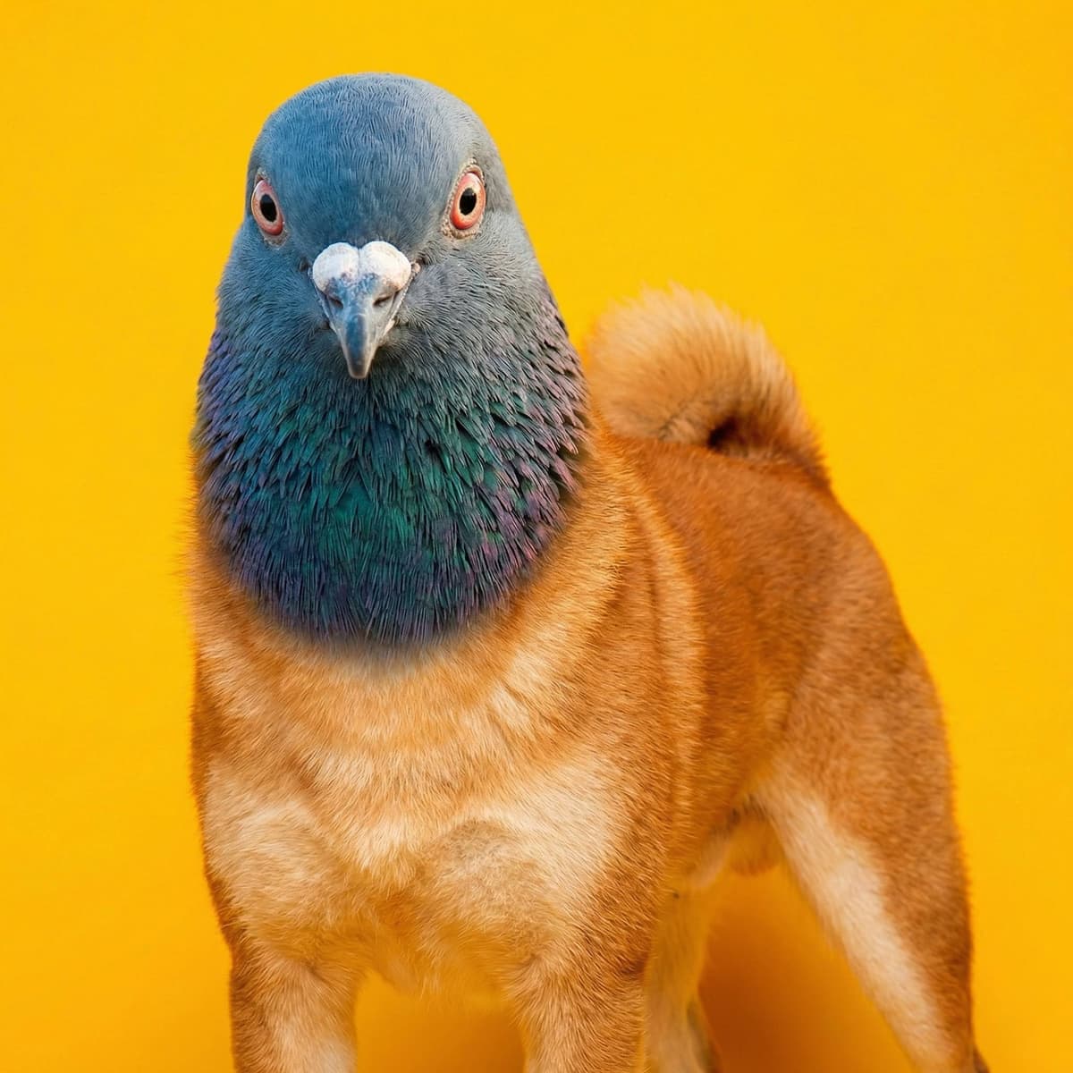 Close-up portrait of Pigeon Inu looking directly at the camera
